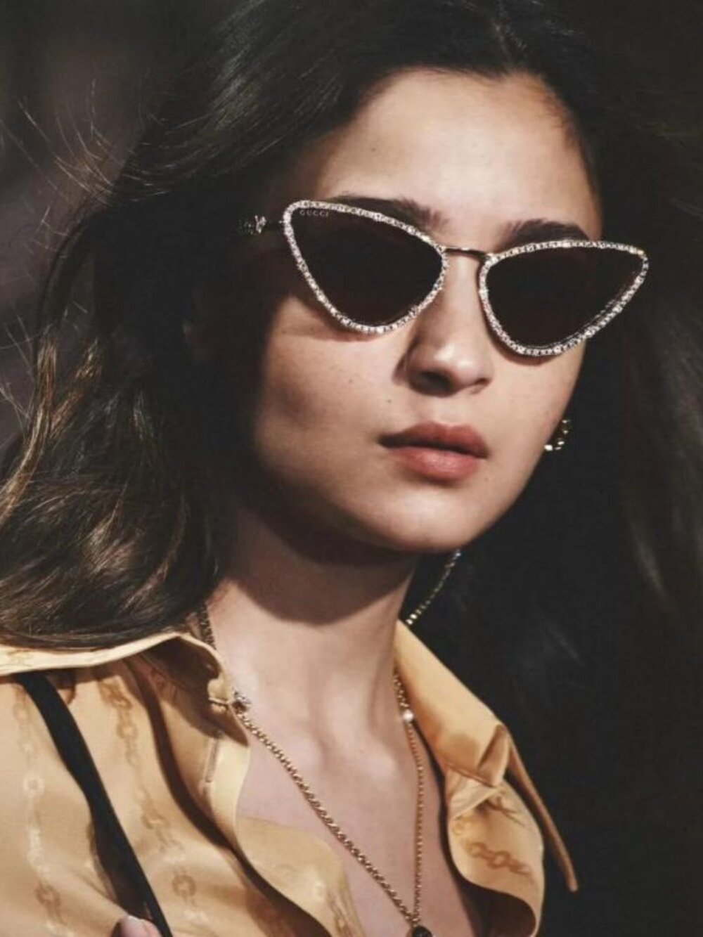 Gucci GG1569S 001 Cat Eye Sunglasses - Gold with White Stone / Brown - Picture 3 of 12
